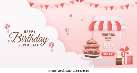 Discount Shop Online, Pink Birthday Sale Banners On Mobile With Cake Paper Cut And Papercraft Style. Celebration Happy Birthday Sale Voucher Template.	
