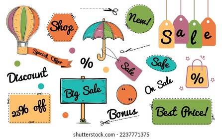 Discount Shopping Doodle Icons Set - Different Vector Illustrations Isolated On White Background