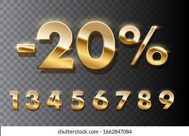 Discount shopping realistic golden numbers. 3D vector set of numbers gold metallic with glitter. Golden sale 20 percent off on transparent background. Advertising sale, promotion and discount in store