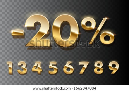 Discount shopping realistic golden numbers. 3D vector set of numbers gold metallic with glitter. Golden sale 20 percent off on transparent background. Advertising sale, promotion and discount in store