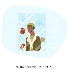 Discount showcase with mannequin in winter male clothing sheepskin coat, knitted hat and scarf with price tag on sale. Holiday seasonal sale, shopping for gifts and clothes. Vector illustration