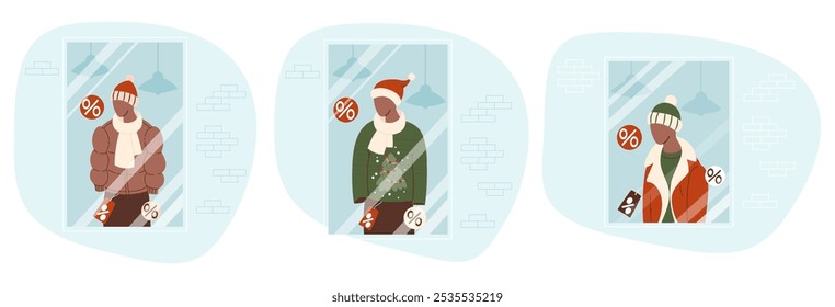 Discount showcase with mannequin in winter male clothing set. Isolated window with jacket, coat, hat, scarf and Christmas sweater and Santa hat. Holiday seasonal sale, shopping. Vector illustration