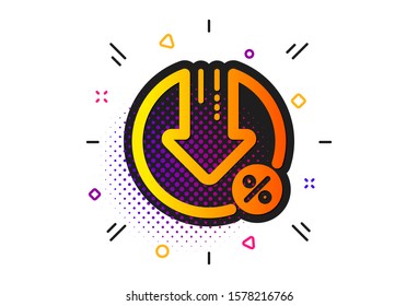  Signo de descuento. Patrón de círculos de semitonos. Icono de reducción de porcentaje de préstamo. Símbolo de porcentaje de crédito. Icono de porcentaje de préstamo plano clásico. Vector