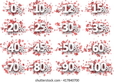Discount signs paper set with numbers and percent. Vector illustration.