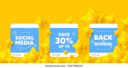 Discount social media post. Back to school template. Save up to 30 percent tag. Discount Sale offer price sign. Special offer symbol. Like, comment and share icons. Vector