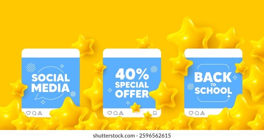 Discount social media post. Back to school template. 40 percent discount offer tag. Sale price promo sign. Special offer symbol. Like, comment and share icons. Vector