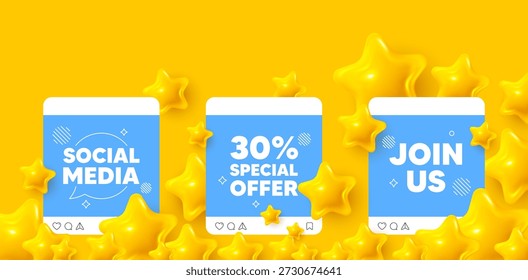 Descuento en publicaciones en redes sociales. Únete a nosotros maqueta de Plantilla. Etiqueta de oferta de descuento del 30 por ciento. Signo de promoción de Precio de venta. Símbolo de oferta especial. Da me gusta, comenta y comparte iconos. Vector