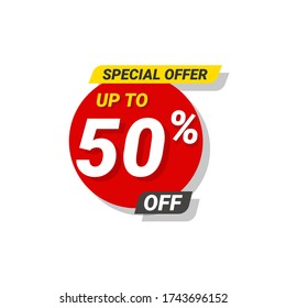 Descuento. oferta especial hasta un 50% de descuento en la ilustración de diseño de plantillas de vectores de etiquetas