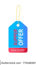 Discount special offer banner vector illustration of colorful trinket with promotion text with bright blue and red backgrounds, hole with golden rope