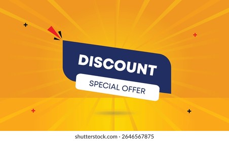 Discount special offer editable web banner vector art template design with dark blue white shapes yellow orange sun shine abstract background unique 4k illustration for eye catching promotion