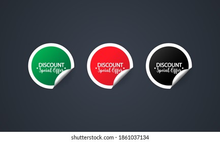 Discount special offer icon. Sticker set. Discount vector. Discount special offer labels set. Black, red and green round circle tags. Sale tags badges template. Vector illustration. EPS10