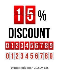 Rabatt Sonderangebot, Plakatvorlage für den Saisonverkauf in der Vektorgrafik. Schwarz bis zu 15 % Rabatt auf Text mit mechanischer Anzeigetafel, Sammlung von roten und weißen Flip-Zahlen von 0 bis 9.