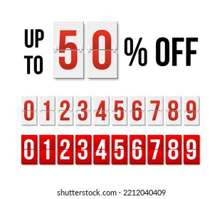 Discount special offer, poster template for season sales in store vector illustration. Black up to 50 percent off text with mechanical scoreboard, collection of red and white flip numbers from 0 to 9.