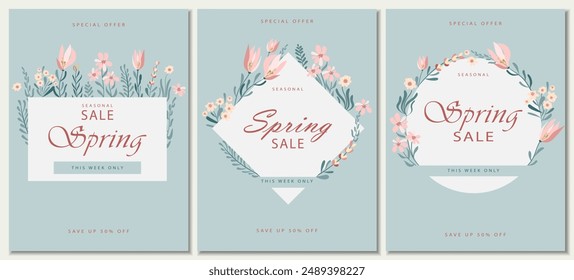 Discount and special offer poster templates with abstract spring flowers. Spring sales cover brochure.Flat Vector illustration