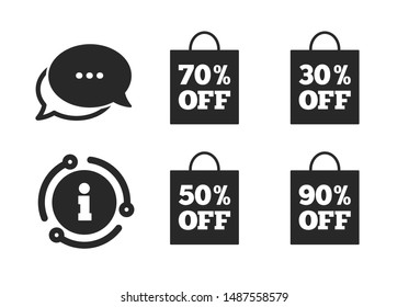 Discount special offer symbols. Chat, info sign. Sale bag tag icons. 30%, 50%, 70% and 90% percent off signs. Classic style speech bubble icon. Vector