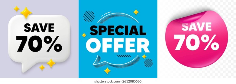 Discount speech bubble. 3d sparkles chat, Paper sticker. Save 70 percent off tag. Sale Discount offer price sign. Special offer symbol. Special offer bubble. Halftone dots pattern. Vector