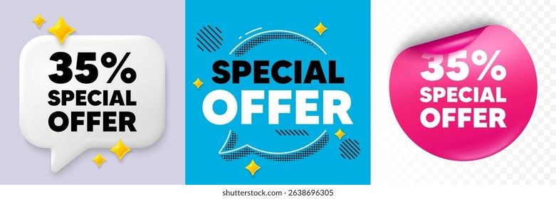 Discount speech bubble. 3d sparkles chat, Paper sticker. 35 percent discount offer tag. Sale price promo sign. Special offer symbol. Special offer bubble. Halftone dots pattern. Vector