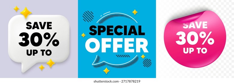 Descuento burbuja de discurso. Chat de destellos 3d, etiqueta engomada de papel. Guardar Etiqueta de hasta el 30 por ciento. Descuento Oferta de venta de signo de Precio. Símbolo de oferta especial. Oferta especial burbuja. Patrón de puntos semitono. Vector