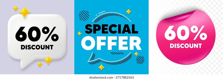 Descuento burbuja de discurso. Chat de destellos 3d, etiqueta engomada de papel. 60 por ciento de descuento. Venta oferta signo de Precio. Símbolo de oferta especial. Oferta especial burbuja. Patrón de puntos semitono. Vector