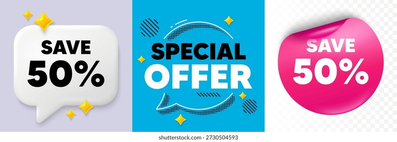 Discount speech bubble. 3d sparkles chat, Paper sticker. Save 50 percent off tag. Sale Discount offer price sign. Special offer symbol. Special offer bubble. Halftone dots pattern. Vector
