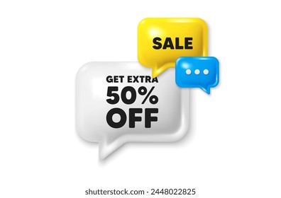 Icono 3d de oferta de burbuja de discurso de descuento. Consiga un 50% de descuento adicional en ventas. Precio de oferta de descuento. Símbolo de oferta especial. Guardar 50 porcentajes. Oferta de descuento adicional. Vector