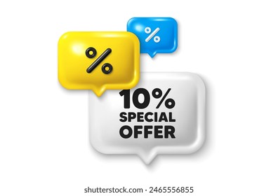 Icono 3d de oferta de burbuja de discurso de descuento. 10 por ciento de descuento etiqueta de oferta. Signo de promoción de Precio de venta. Símbolo de oferta especial. Oferta de descuento. Anuncio de venta de burbujas de habla. Globo de descuento. Vector
