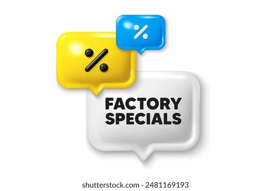 Icono 3d de oferta de burbuja de discurso de descuento. Etiqueta de especiales de fábrica. Oferta de venta Precio signo. Símbolo de descuentos publicitarios. Oferta especial de fábrica. Anuncio de venta de burbujas de habla. Globo de descuento. Vector