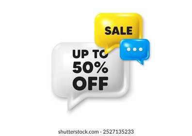 Discount speech bubble offer 3d icon. Up to 50 percent off sale. Discount offer price sign. Special offer symbol. Save 50 percentages. Discount tag discount offer. Speech bubble sale banner. Vector