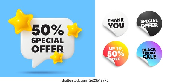 Discount speech bubble, sticker tags. Discount, Black friday stickers. 50 percent discount offer tag. Sale price promo sign. Special offer symbol. Thank you tag. 3d stars chat bubble. Vector