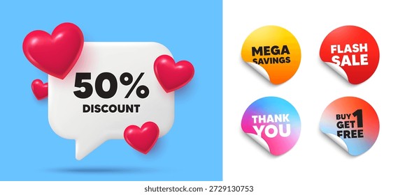 Descuento burbuja de discurso, etiquetas engomadas. Obtener gratis, Flash venta de pegatinas. 50 por ciento de descuento etiqueta. Muestra del Precio de la oferta de la venta. Símbolo de oferta especial. Gracias etiqueta. Burbuja de chat de corazones 3D. Vector