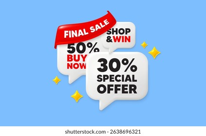 Discount speech bubbles. Final sale flag ribbon. 30 percent discount offer tag. Sale price promo sign. Special offer symbol. Discount chat bubbles with 3d sparkles. Vector