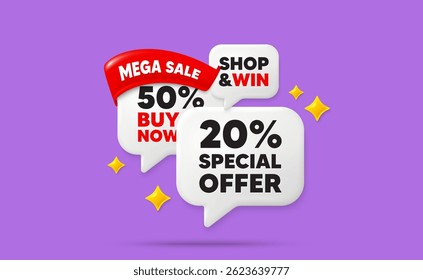 Discount speech bubbles. Mega sale flag ribbon. 20 percent discount offer tag. Sale price promo sign. Special offer symbol. Discount chat bubbles with 3d sparkles. Vector