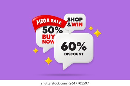 Discount speech bubbles. Mega sale flag ribbon. 60 percent discount tag. Sale offer price sign. Special offer symbol. Discount chat bubbles with 3d sparkles. Vector