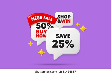 Discount speech bubbles. Mega sale flag ribbon. Save 25 percent off tag. Sale Discount offer price sign. Special offer symbol. Discount chat bubbles with 3d sparkles. Vector