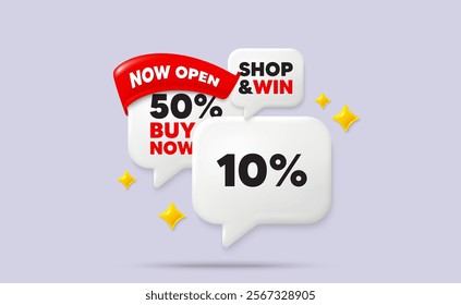 Discount speech bubbles. Now open flag ribbon. 10 percent off sale tag. Discount offer price sign. Special offer symbol. Discount chat bubbles with 3d sparkles. Vector