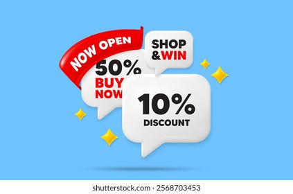 Discount speech bubbles. Now open flag ribbon. 10 percent discount tag. Sale offer price sign. Special offer symbol. Discount chat bubbles with 3d sparkles. Vector