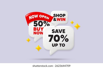 Discount speech bubbles. Now open flag ribbon. Save up to 70 percent tag. Discount Sale offer price sign. Special offer symbol. Discount chat bubbles with 3d sparkles. Vector