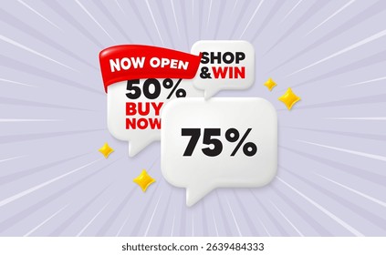 Discount speech bubbles. Now open flag ribbon. 75 percent off sale tag. Discount offer price sign. Special offer symbol. Discount chat bubbles with 3d sparkles. Vector