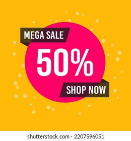 Discount square orange banner. Mega sale 50% on store. Vector pink round shape of discount template background