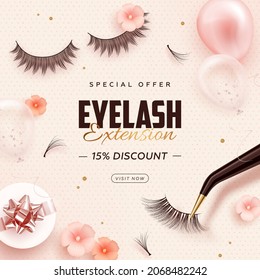 Discount square web banner with realistic false lashes, lash extension tools, balloons and flowers on pink background. Vector illustration