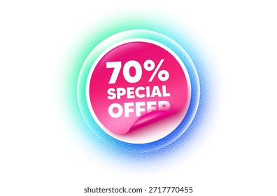 Pegatina de descuento degradado azul. Etiqueta de Precio de oferta de papel. Etiqueta de oferta de 70 por ciento de descuento. Signo de promoción de Precio de venta. Símbolo de oferta especial. Etiqueta engomada. Efecto de puntos de grano. Vector