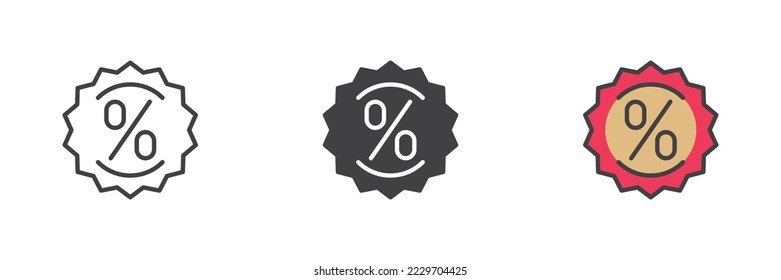 Discount sticker different style icon set. Line, glyph and filled outline colorful version, percentage label outline and filled vector sign. Symbol, logo illustration. Vector graphics