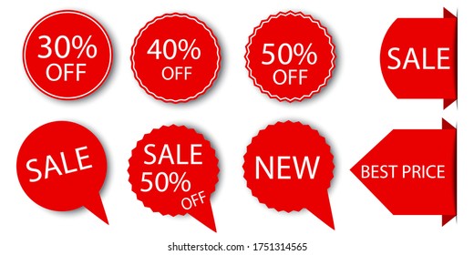 Icono de etiqueta adhesiva de descuento. Etiqueta roja con una oferta caliente. Plantilla de precio barato. Imagen vectorial. Foto de stock.