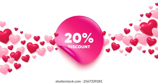 Discount sticker love banner. Sticker with hearts background. 20 percent discount tag. Sale offer price sign. Special offer symbol. Valentines day greeting card. Promo background. Vector