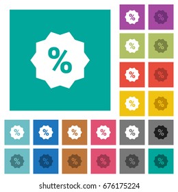 Discount sticker multi colored flat icons on plain square backgrounds. Included white and darker icon variations for hover or active effects.