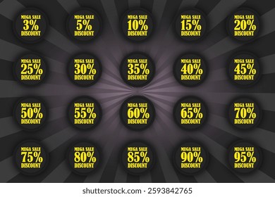 Discount sticker network. Black and yellow percentages. Vector collection, easy to change color and size.EPS 10.