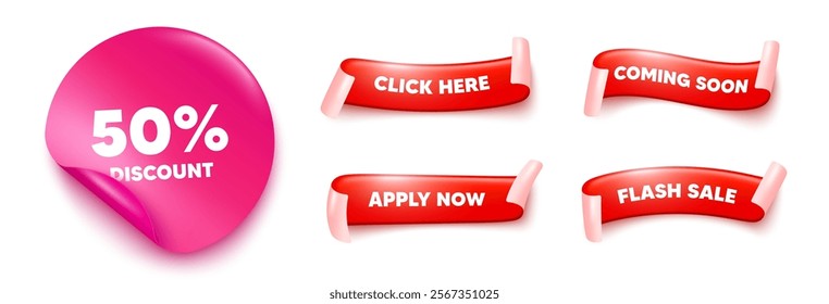 Discount sticker, offer ribbons. Apply now, Flash sale. 50 percent discount tag. Sale offer price sign. Special offer symbol. Pink sticker tag. Flag ribbon banners. Vector