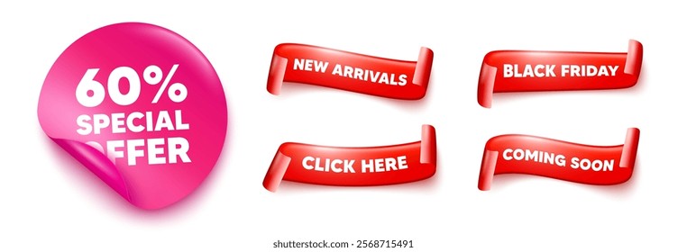 Discount sticker, offer ribbons. Black friday, coming soon. 60 percent discount offer tag. Sale price promo sign. Special offer symbol. Pink sticker tag. Flag ribbon banners. Vector