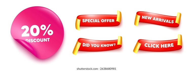 Discount sticker, offer ribbons. New arrivals, Click here. 20 percent discount tag. Sale offer price sign. Special offer symbol. Pink sticker tag. Flag ribbon banners. Vector