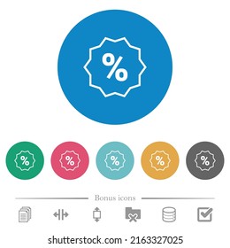 Discount sticker outline flat white icons on round color backgrounds. 6 bonus icons included.